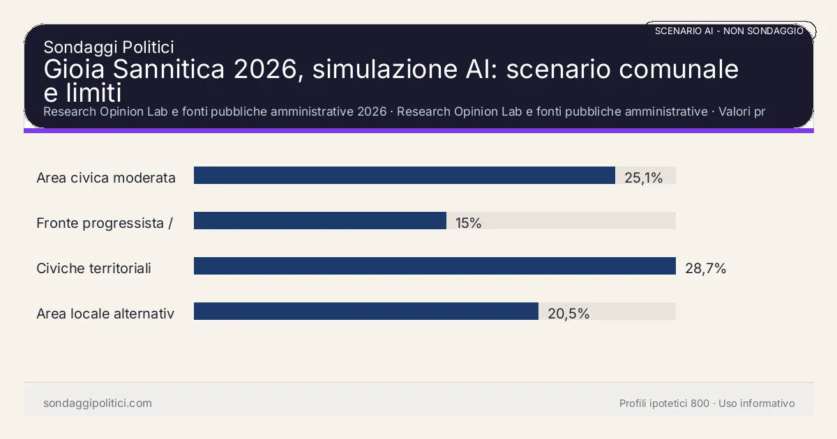 NON È UN SONDAGGIO Research Opinion Lab e fonti pubbliche amministrative 2026 Valori prodotti dal Research Opinion Lab e da leggere come scenario editoriale.: Gioia Sannitica 2026, simulazione AI: scenario comunale e limiti. Risultati: Area civica moderata 25,1%, Fronte progressista / civico 15%, Civiche territoriali 28,7%. Scenario AI non demoscopico basato su fonti pubbliche e revisione umana; non è un sondaggio, non misura intenzioni di voto reali e non è una previsione elettorale.