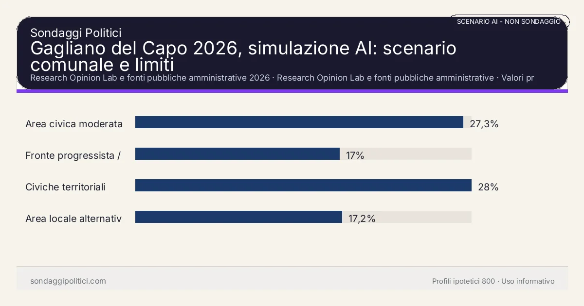 NON È UN SONDAGGIO Research Opinion Lab e fonti pubbliche amministrative 2026 Valori prodotti dal Research Opinion Lab e da leggere come scenario editoriale.: Gagliano del Capo 2026, simulazione AI: scenario comunale e limiti. Risultati: Area civica moderata 27,3%, Fronte progressista / civico 17%, Civiche territoriali 28%. Scenario AI non demoscopico basato su fonti pubbliche e revisione umana; non è un sondaggio, non misura intenzioni di voto reali e non è una previsione elettorale.