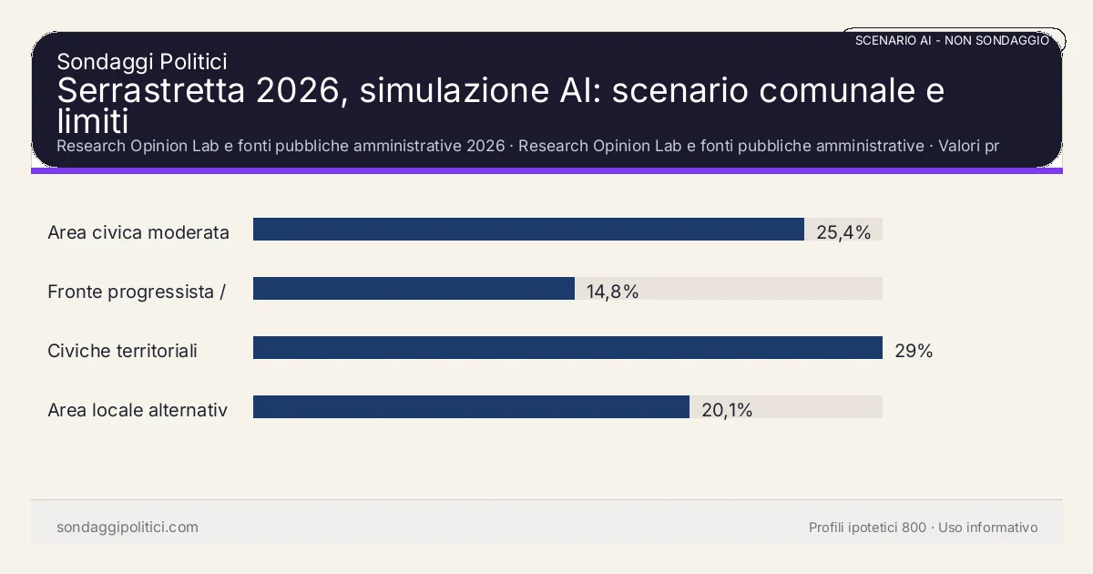 NON È UN SONDAGGIO Research Opinion Lab e fonti pubbliche amministrative 2026 Valori prodotti dal Research Opinion Lab e da leggere come scenario editoriale.: Serrastretta 2026, simulazione AI: scenario comunale e limiti. Risultati: Area civica moderata 25,4%, Fronte progressista / civico 14,8%, Civiche territoriali 29%. Scenario AI non demoscopico basato su fonti pubbliche e revisione umana; non è un sondaggio, non misura intenzioni di voto reali e non è una previsione elettorale.
