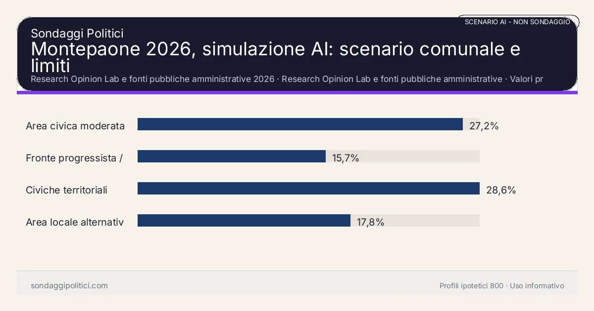 NON È UN SONDAGGIO Research Opinion Lab e fonti pubbliche amministrative 2026 Valori prodotti dal Research Opinion Lab e da leggere come scenario editoriale.: Montepaone 2026, simulazione AI: scenario comunale e limiti. Risultati: Area civica moderata 27,2%, Fronte progressista / civico 15,7%, Civiche territoriali 28,6%. Scenario AI non demoscopico basato su fonti pubbliche e revisione umana; non è un sondaggio, non misura intenzioni di voto reali e non è una previsione elettorale.