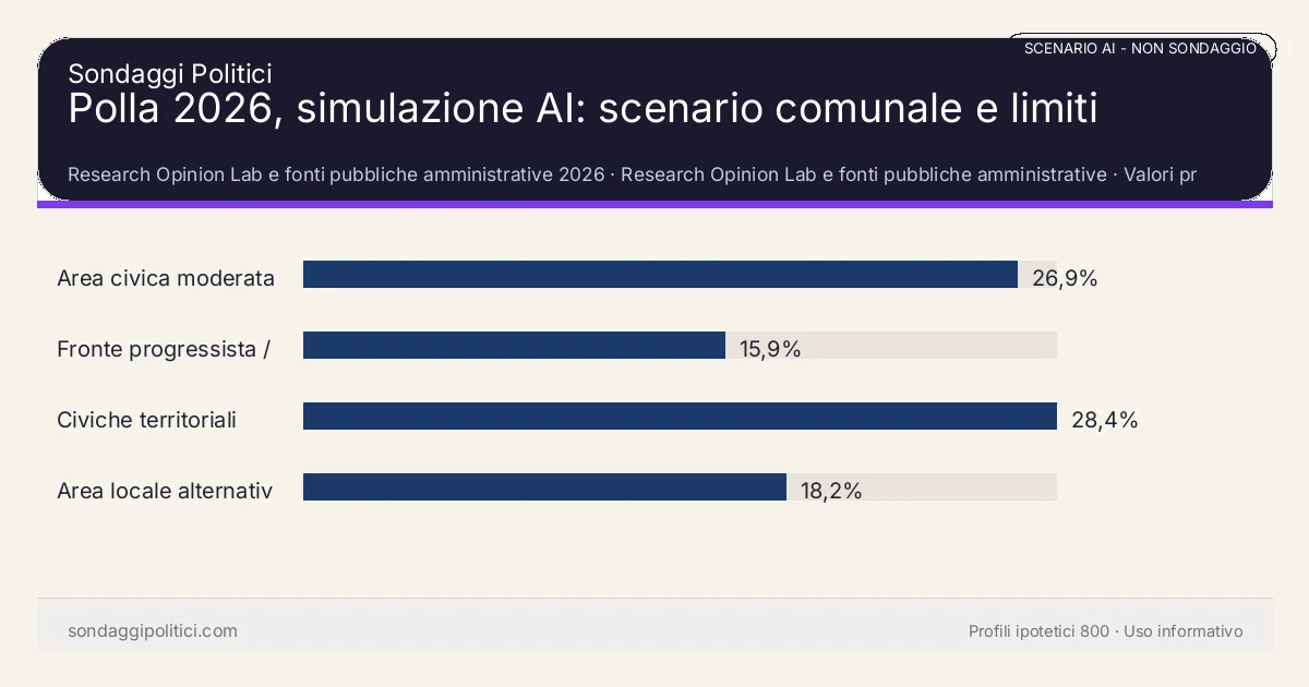 NON È UN SONDAGGIO Research Opinion Lab e fonti pubbliche amministrative 2026 Valori prodotti dal Research Opinion Lab e da leggere come scenario editoriale.: Polla 2026, simulazione AI: scenario comunale e limiti. Risultati: Area civica moderata 26,9%, Fronte progressista / civico 15,9%, Civiche territoriali 28,4%. Scenario AI non demoscopico basato su fonti pubbliche e revisione umana; non è un sondaggio, non misura intenzioni di voto reali e non è una previsione elettorale.