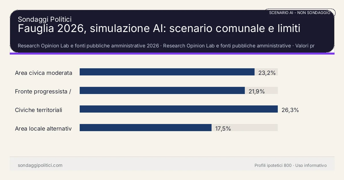 NON È UN SONDAGGIO Research Opinion Lab e fonti pubbliche amministrative 2026 Valori prodotti dal Research Opinion Lab e da leggere come scenario editoriale.: Fauglia 2026, simulazione AI: scenario comunale e limiti. Risultati: Area civica moderata 23,2%, Fronte progressista / civico 21,9%, Civiche territoriali 26,3%. Scenario AI non demoscopico basato su fonti pubbliche e revisione umana; non è un sondaggio, non misura intenzioni di voto reali e non è una previsione elettorale.