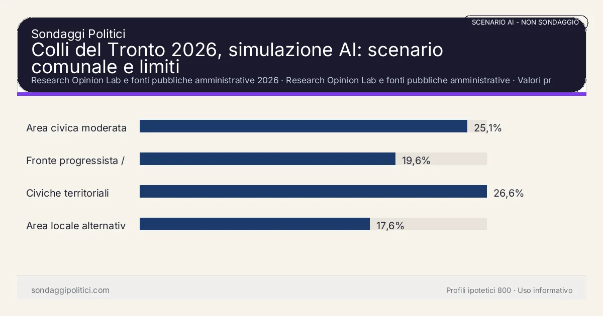 NON È UN SONDAGGIO Research Opinion Lab e fonti pubbliche amministrative 2026 Valori prodotti dal Research Opinion Lab e da leggere come scenario editoriale.: Colli del Tronto 2026, simulazione AI: scenario comunale e limiti. Risultati: Area civica moderata 25,1%, Fronte progressista / civico 19,6%, Civiche territoriali 26,6%. Scenario AI non demoscopico basato su fonti pubbliche e revisione umana; non è un sondaggio, non misura intenzioni di voto reali e non è una previsione elettorale.