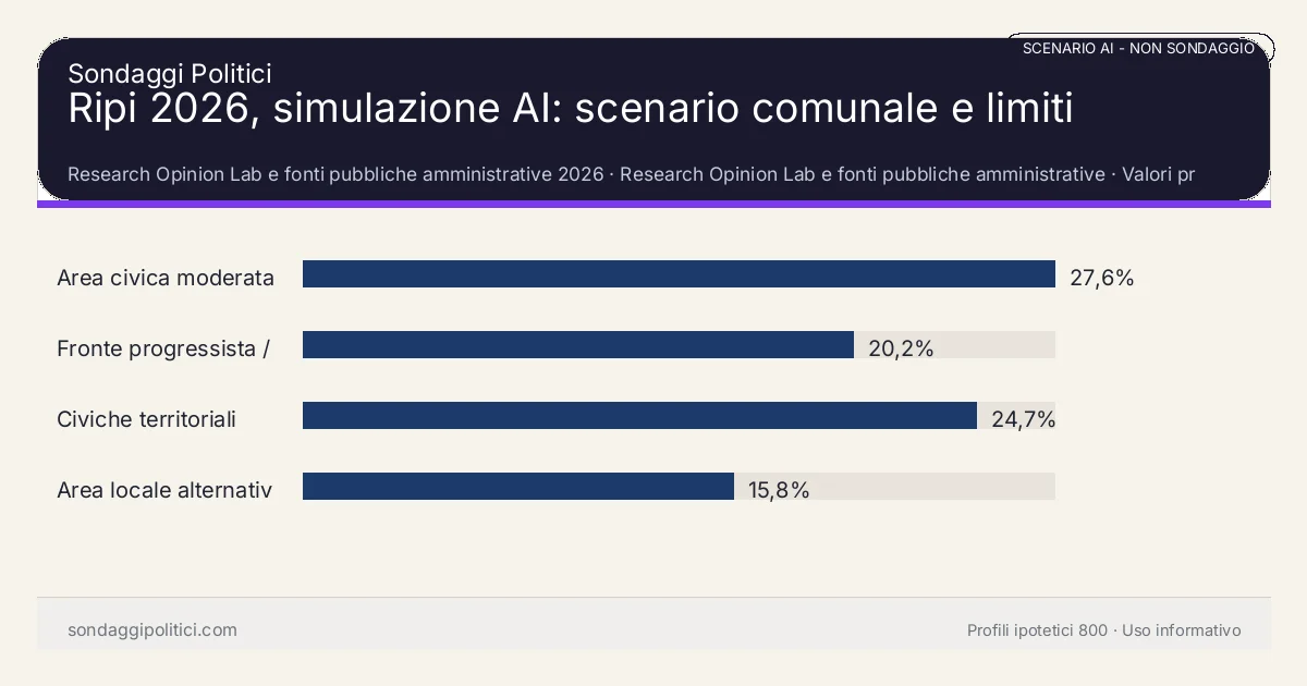 NON È UN SONDAGGIO Research Opinion Lab e fonti pubbliche amministrative 2026 Valori prodotti dal Research Opinion Lab e da leggere come scenario editoriale.: Ripi 2026, simulazione AI: scenario comunale e limiti. Risultati: Area civica moderata 27,6%, Fronte progressista / civico 20,2%, Civiche territoriali 24,7%. Scenario AI non demoscopico basato su fonti pubbliche e revisione umana; non è un sondaggio, non misura intenzioni di voto reali e non è una previsione elettorale.