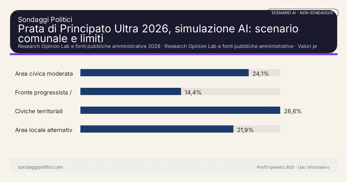 NON È UN SONDAGGIO Research Opinion Lab e fonti pubbliche amministrative 2026 Valori prodotti dal Research Opinion Lab e da leggere come scenario editoriale.: Prata di Principato Ultra 2026, simulazione AI: scenario comunale e limiti. Risultati: Area civica moderata 24,1%, Fronte progressista / civico 14,4%, Civiche territoriali 28,6%. Scenario AI non demoscopico basato su fonti pubbliche e revisione umana; non è un sondaggio, non misura intenzioni di voto reali e non è una previsione elettorale.
