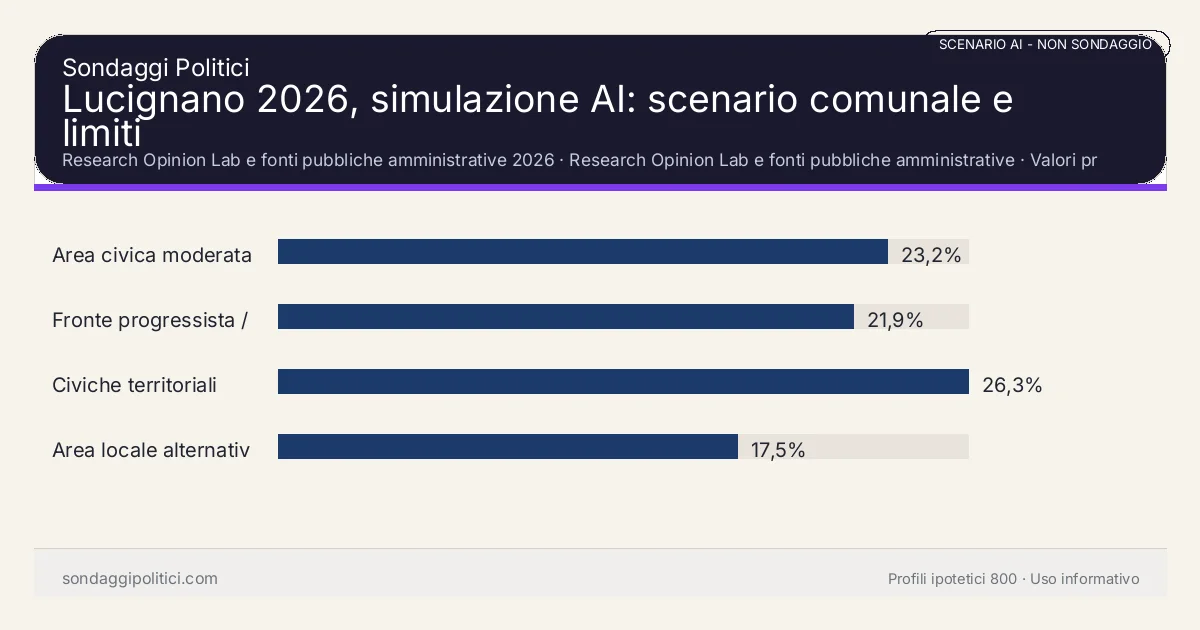 NON È UN SONDAGGIO Research Opinion Lab e fonti pubbliche amministrative 2026 Valori prodotti dal Research Opinion Lab e da leggere come scenario editoriale.: Lucignano 2026, simulazione AI: scenario comunale e limiti. Risultati: Area civica moderata 23,2%, Fronte progressista / civico 21,9%, Civiche territoriali 26,3%. Scenario AI non demoscopico basato su fonti pubbliche e revisione umana; non è un sondaggio, non misura intenzioni di voto reali e non è una previsione elettorale.
