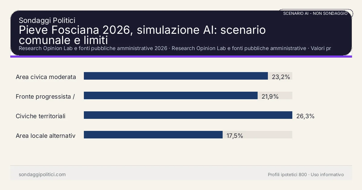 NON È UN SONDAGGIO Research Opinion Lab e fonti pubbliche amministrative 2026 Valori prodotti dal Research Opinion Lab e da leggere come scenario editoriale.: Pieve Fosciana 2026, simulazione AI: scenario comunale e limiti. Risultati: Area civica moderata 23,2%, Fronte progressista / civico 21,9%, Civiche territoriali 26,3%. Scenario AI non demoscopico basato su fonti pubbliche e revisione umana; non è un sondaggio, non misura intenzioni di voto reali e non è una previsione elettorale.