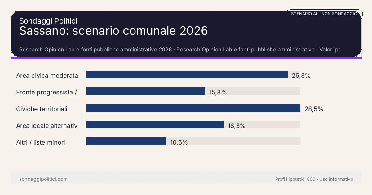 NON È UN SONDAGGIO Research Opinion Lab e fonti pubbliche amministrative 2026 Valori prodotti dal Research Opinion Lab e da leggere come scenario editoriale.: Sassano: scenario comunale 2026. Risultati: Area civica moderata 26,8%, Fronte progressista / civico 15,8%, Civiche territoriali 28,5%. Scenario AI non demoscopico: non è un sondaggio, non misura intenzioni di voto, non deriva da interviste o campioni rappresentativi e non è una previsione elettorale.