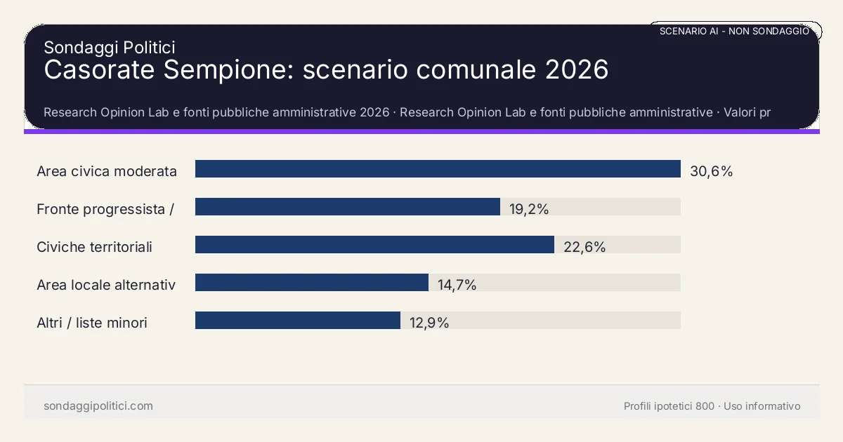 NON È UN SONDAGGIO Research Opinion Lab e fonti pubbliche amministrative 2026 Valori prodotti dal Research Opinion Lab e da leggere come scenario editoriale.: Casorate Sempione: scenario comunale 2026. Risultati: Area civica moderata 30,6%, Fronte progressista / civico 19,2%, Civiche territoriali 22,6%. Scenario AI non demoscopico: non è un sondaggio, non misura intenzioni di voto, non deriva da interviste o campioni rappresentativi e non è una previsione elettorale.