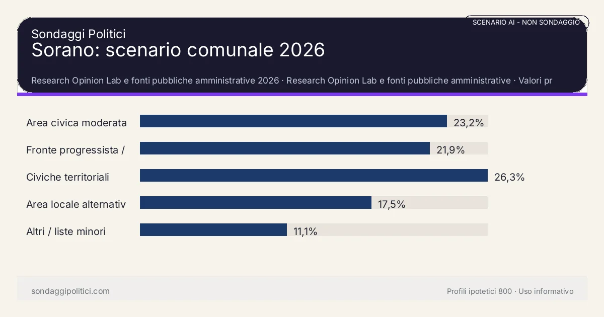 NON È UN SONDAGGIO Research Opinion Lab e fonti pubbliche amministrative 2026 Valori prodotti dal Research Opinion Lab e da leggere come scenario editoriale.: Sorano: scenario comunale 2026. Risultati: Area civica moderata 23,2%, Fronte progressista / civico 21,9%, Civiche territoriali 26,3%. Scenario AI non demoscopico: non è un sondaggio, non misura intenzioni di voto, non deriva da interviste o campioni rappresentativi e non è una previsione elettorale.