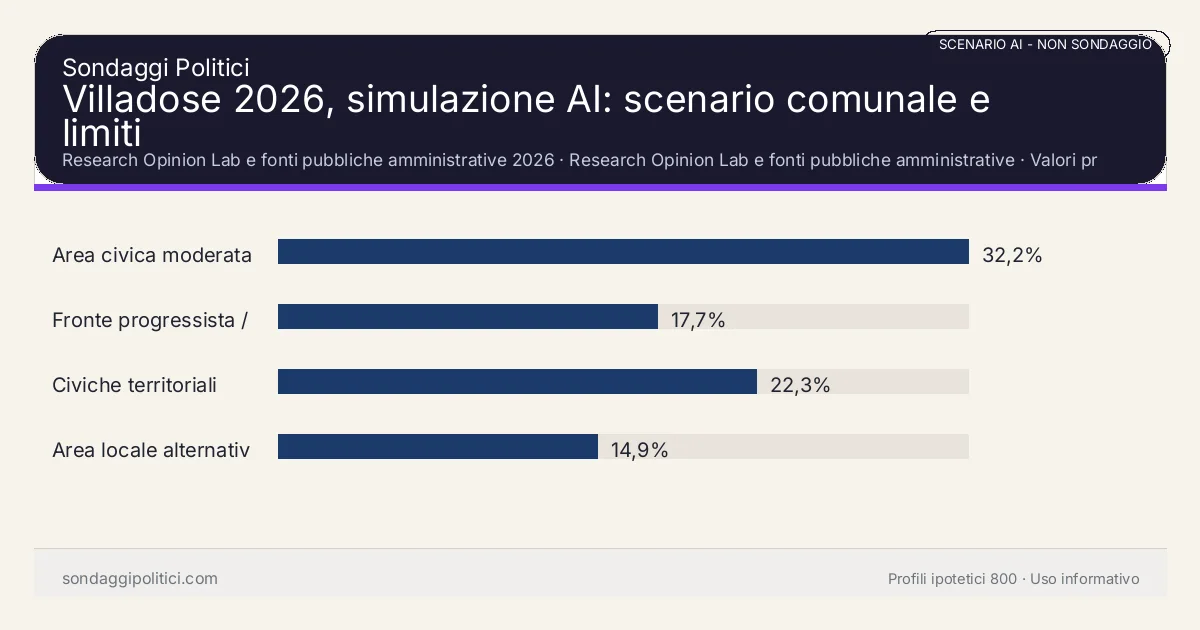 NON È UN SONDAGGIO Research Opinion Lab e fonti pubbliche amministrative 2026 Valori prodotti dal Research Opinion Lab e da leggere come scenario editoriale.: Villadose 2026, simulazione AI: scenario comunale e limiti. Risultati: Area civica moderata 32,2%, Fronte progressista / civico 17,7%, Civiche territoriali 22,3%. Scenario AI non demoscopico basato su fonti pubbliche e revisione umana; non è un sondaggio, non misura intenzioni di voto reali e