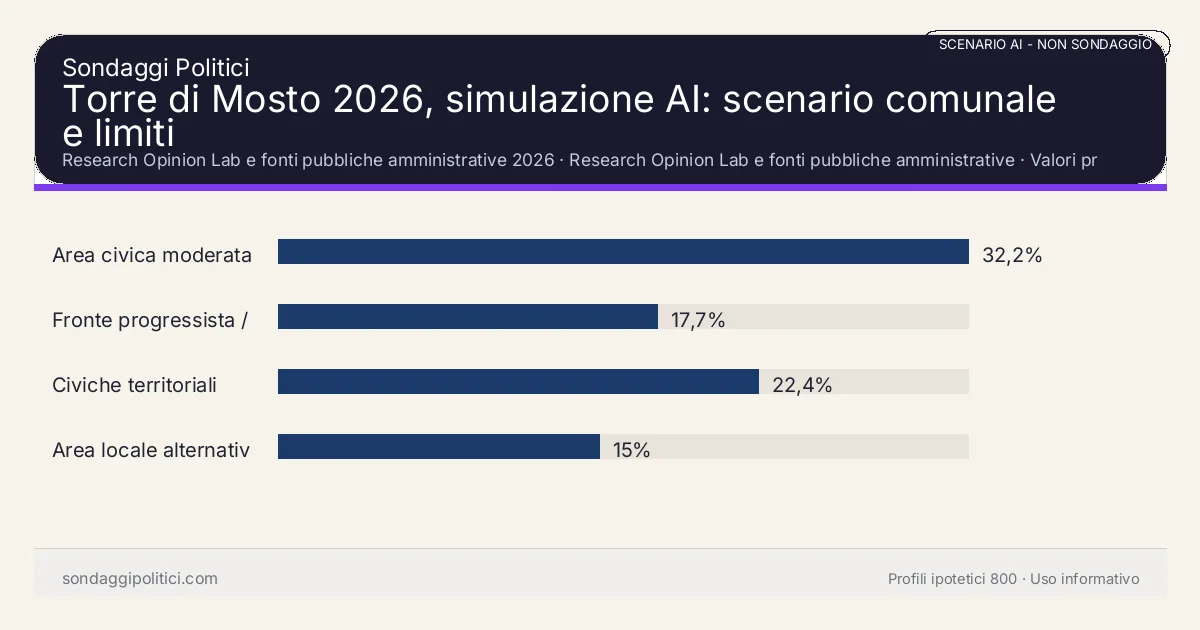 NON È UN SONDAGGIO Research Opinion Lab e fonti pubbliche amministrative 2026 Valori prodotti dal Research Opinion Lab e da leggere come scenario editoriale.: Torre di Mosto 2026, simulazione AI: scenario comunale e limiti. Risultati: Area civica moderata 32,2%, Fronte progressista / civico 17,7%, Civiche territoriali 22,4%. Scenario AI non demoscopico basato su fonti pubbliche e revisione umana; non è un sondaggio, non misura intenzioni di voto reali e