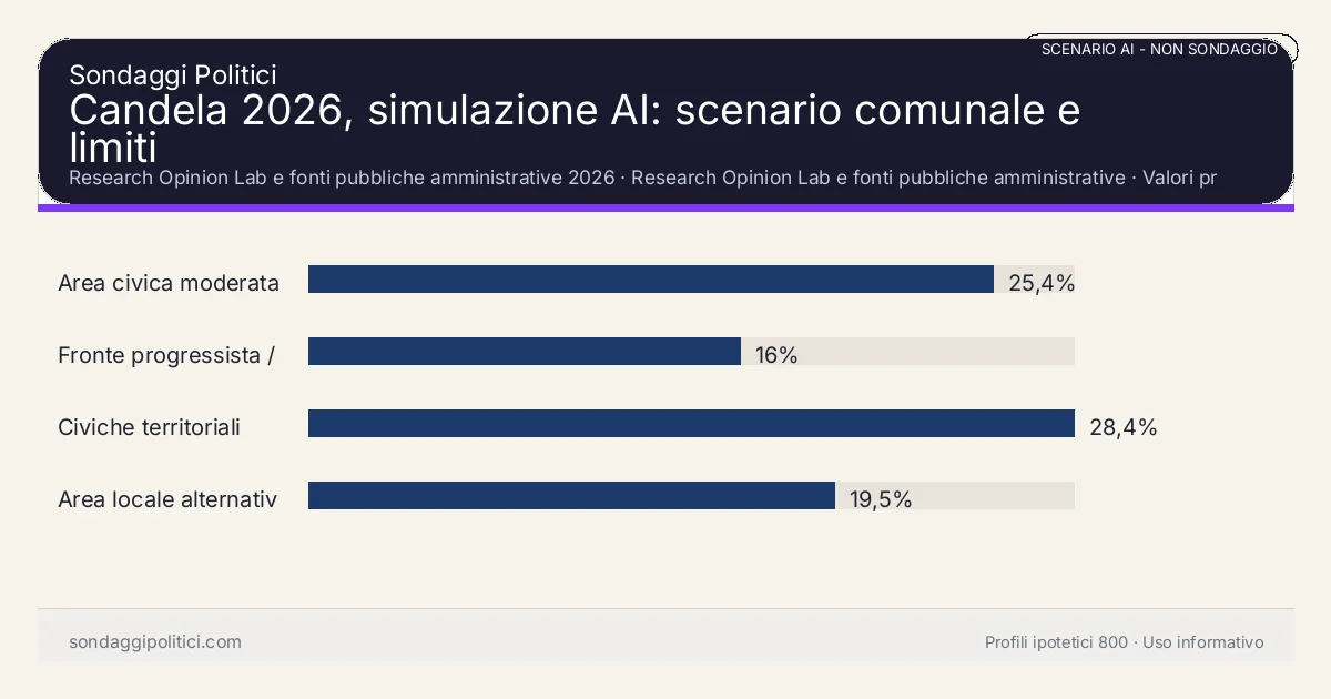 NON È UN SONDAGGIO Research Opinion Lab e fonti pubbliche amministrative 2026 Valori prodotti dal Research Opinion Lab e da leggere come scenario editoriale.: Candela 2026, simulazione AI: scenario comunale e limiti. Risultati: Area civica moderata 25,4%, Fronte progressista / civico 16%, Civiche territoriali 28,4%. Scenario AI non demoscopico basato su fonti pubbliche e revisione umana; non è un sondaggio, non misura intenzioni di voto reali e non è una previsione elettorale.