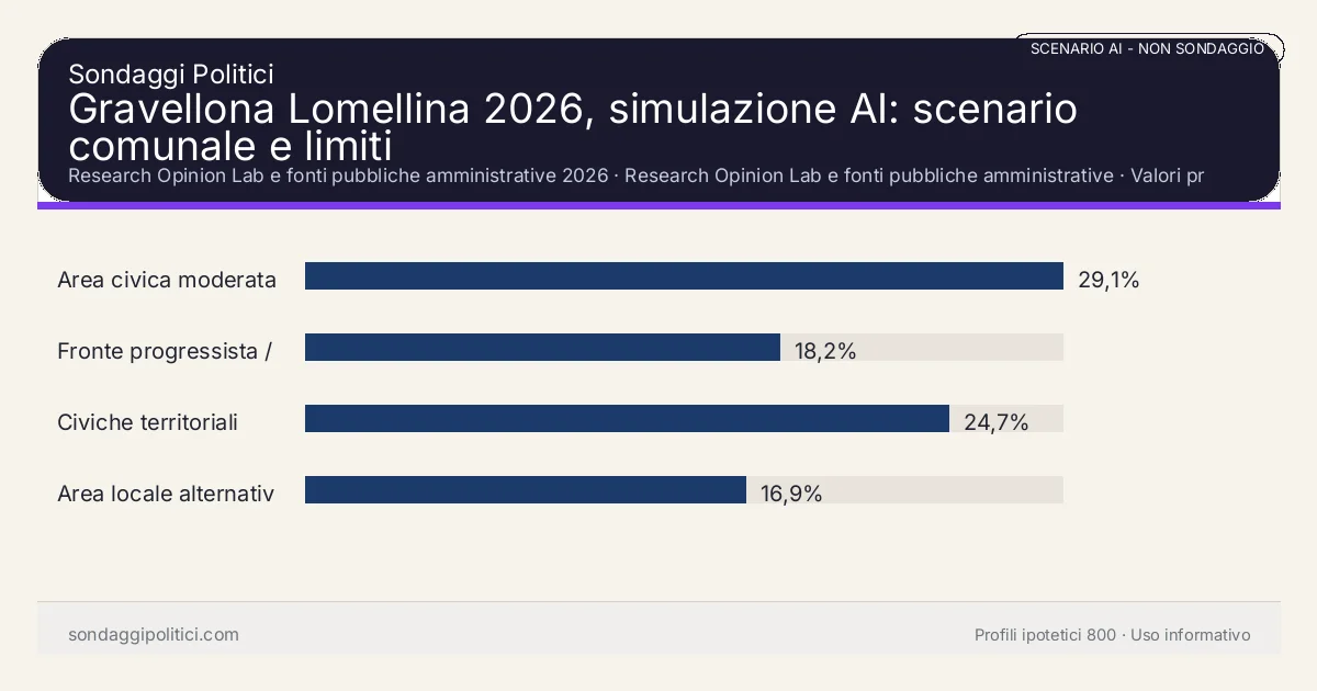 NON È UN SONDAGGIO Research Opinion Lab e fonti pubbliche amministrative 2026 Valori prodotti dal Research Opinion Lab e da leggere come scenario editoriale.: Gravellona Lomellina 2026, simulazione AI: scenario comunale e limiti. Risultati: Area civica moderata 29,1%, Fronte progressista / civico 18,2%, Civiche territoriali 24,7%. Scenario AI non demoscopico basato su fonti pubbliche e revisione umana; non è un sondaggio, non misura intenzioni di voto reali e non è una previsione elettorale.