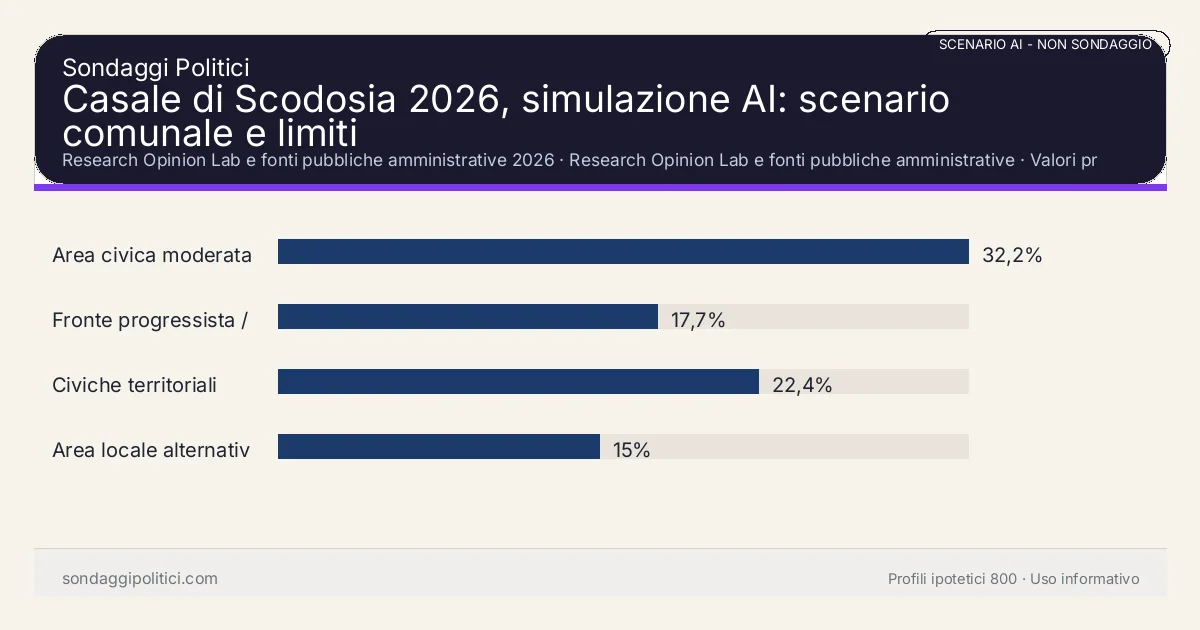 NON È UN SONDAGGIO Research Opinion Lab e fonti pubbliche amministrative 2026 Valori prodotti dal Research Opinion Lab e da leggere come scenario editoriale.: Casale di Scodosia 2026, simulazione AI: scenario comunale e limiti. Risultati: Area civica moderata 32,2%, Fronte progressista / civico 17,7%, Civiche territoriali 22,4%. Scenario AI non demoscopico basato su fonti pubbliche e revisione umana; non è un sondaggio, non misura intenzioni di voto reali e non è una previsione elettorale.