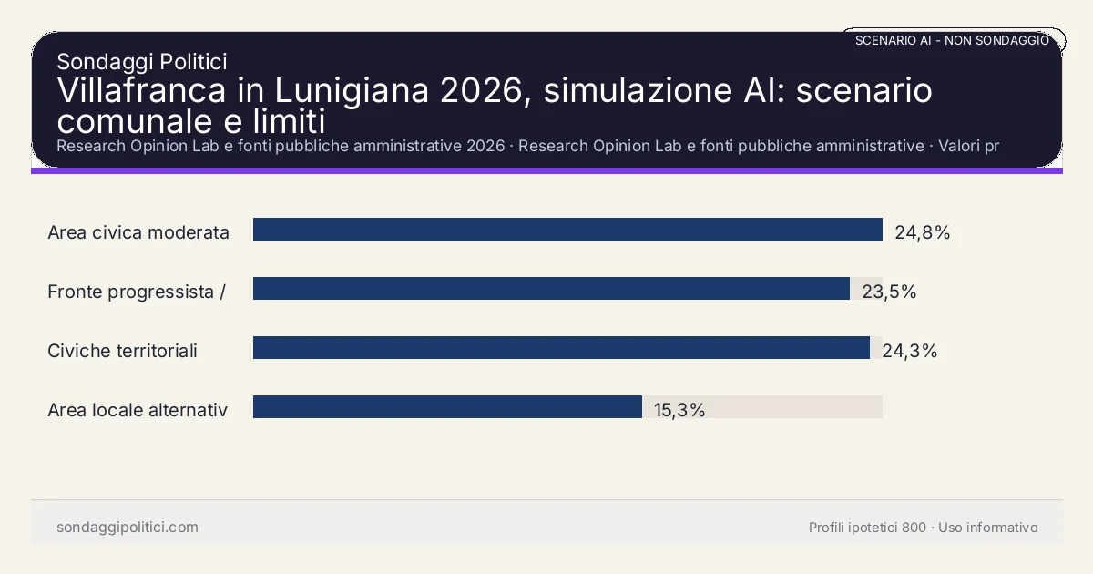 NON È UN SONDAGGIO Research Opinion Lab e fonti pubbliche amministrative 2026 Valori prodotti dal Research Opinion Lab e da leggere come scenario editoriale.: Villafranca in Lunigiana 2026, simulazione AI: scenario comunale e limiti. Risultati: Area civica moderata 24,8%, Fronte progressista / civico 23,5%, Civiche territoriali 24,3%. Scenario AI non demoscopico basato su fonti pubbliche e revisione umana; non è un sondaggio, non misura intenzioni di voto reali e