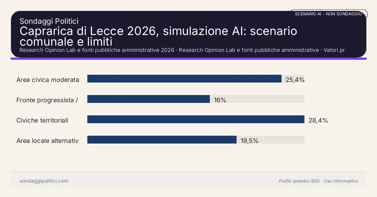 NON È UN SONDAGGIO Research Opinion Lab e fonti pubbliche amministrative 2026 Valori prodotti dal Research Opinion Lab e da leggere come scenario editoriale.: Caprarica di Lecce 2026, simulazione AI: scenario comunale e limiti. Risultati: Area civica moderata 25,4%, Fronte progressista / civico 16%, Civiche territoriali 28,4%. Scenario AI non demoscopico basato su fonti pubbliche e revisione umana; non è un sondaggio, non misura intenzioni di voto reali e non è una previsione elettorale.