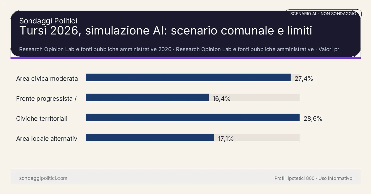 NON È UN SONDAGGIO Research Opinion Lab e fonti pubbliche amministrative 2026 Valori prodotti dal Research Opinion Lab e da leggere come scenario editoriale.: Tursi 2026, simulazione AI: scenario comunale e limiti. Risultati: Area civica moderata 27,4%, Fronte progressista / civico 16,4%, Civiche territoriali 28,6%. Scenario AI non demoscopico basato su fonti pubbliche e revisione umana; non è un sondaggio, non misura intenzioni di voto reali e