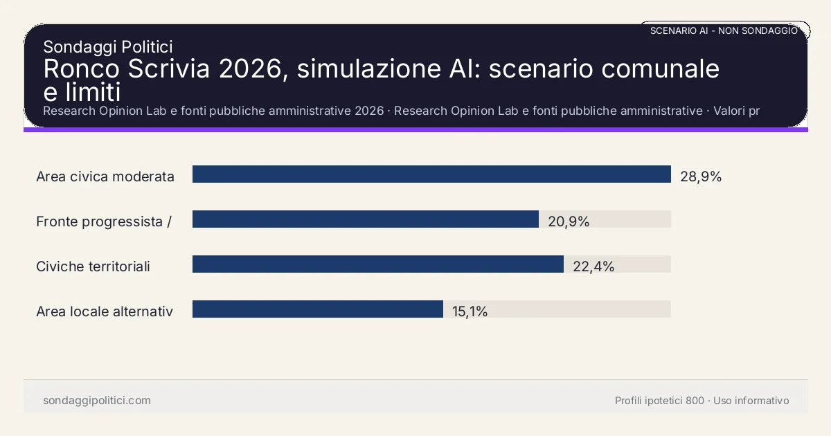 NON È UN SONDAGGIO Research Opinion Lab e fonti pubbliche amministrative 2026 Valori prodotti dal Research Opinion Lab e da leggere come scenario editoriale.: Ronco Scrivia 2026, simulazione AI: scenario comunale e limiti. Risultati: Area civica moderata 28,9%, Fronte progressista / civico 20,9%, Civiche territoriali 22,4%. Scenario AI non demoscopico basato su fonti pubbliche e revisione umana; non è un sondaggio, non misura intenzioni di voto reali e non è una previsione elettorale.
