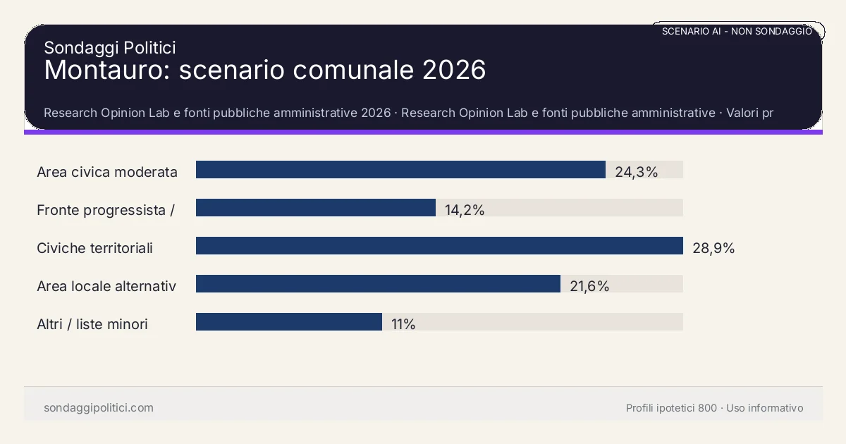 NON È UN SONDAGGIO Research Opinion Lab e fonti pubbliche amministrative 2026 Valori prodotti dal Research Opinion Lab e da leggere come scenario editoriale.: Montauro: scenario comunale 2026. Risultati: Area civica moderata 24,3%, Fronte progressista / civico 14,2%, Civiche territoriali 28,9%. Scenario AI non demoscopico: non è un sondaggio, non misura intenzioni di voto, non deriva da interviste o campioni rappresentativi e non è una previsione elettorale.