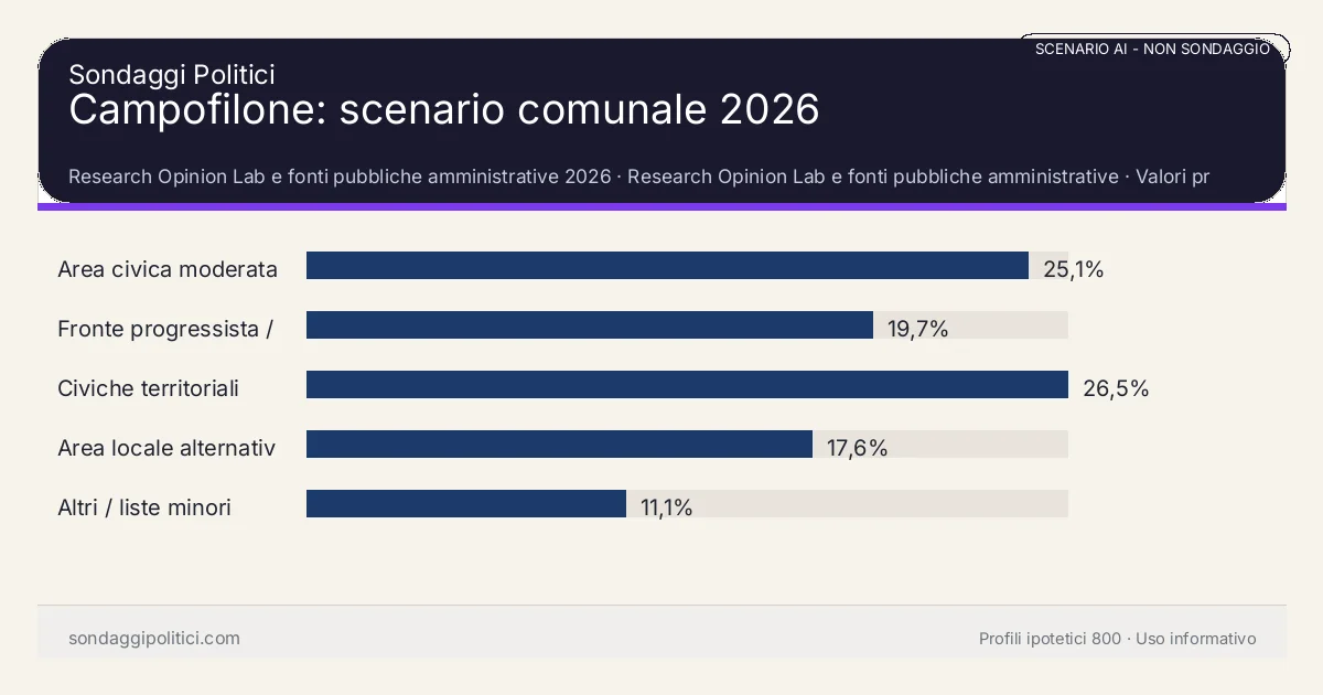 NON È UN SONDAGGIO Research Opinion Lab e fonti pubbliche amministrative 2026 Valori prodotti dal Research Opinion Lab e da leggere come scenario editoriale.: Campofilone: scenario comunale 2026. Risultati: Area civica moderata 25,1%, Fronte progressista / civico 19,7%, Civiche territoriali 26,5%. Scenario AI non demoscopico: non è un sondaggio, non misura intenzioni di voto, non deriva da interviste o campioni rappresentativi e non è una previsione elettorale.