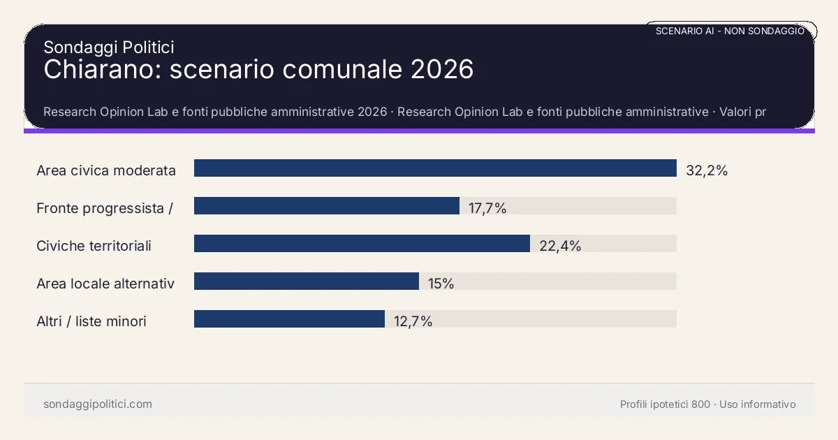 NON È UN SONDAGGIO Research Opinion Lab e fonti pubbliche amministrative 2026 Valori prodotti dal Research Opinion Lab e da leggere come scenario editoriale.: Chiarano: scenario comunale 2026. Risultati: Area civica moderata 32,2%, Fronte progressista / civico 17,7%, Civiche territoriali 22,4%. Scenario AI non demoscopico: non è un sondaggio, non misura intenzioni di voto, non deriva da interviste o campioni rappresentativi e non è una previsione elettorale.