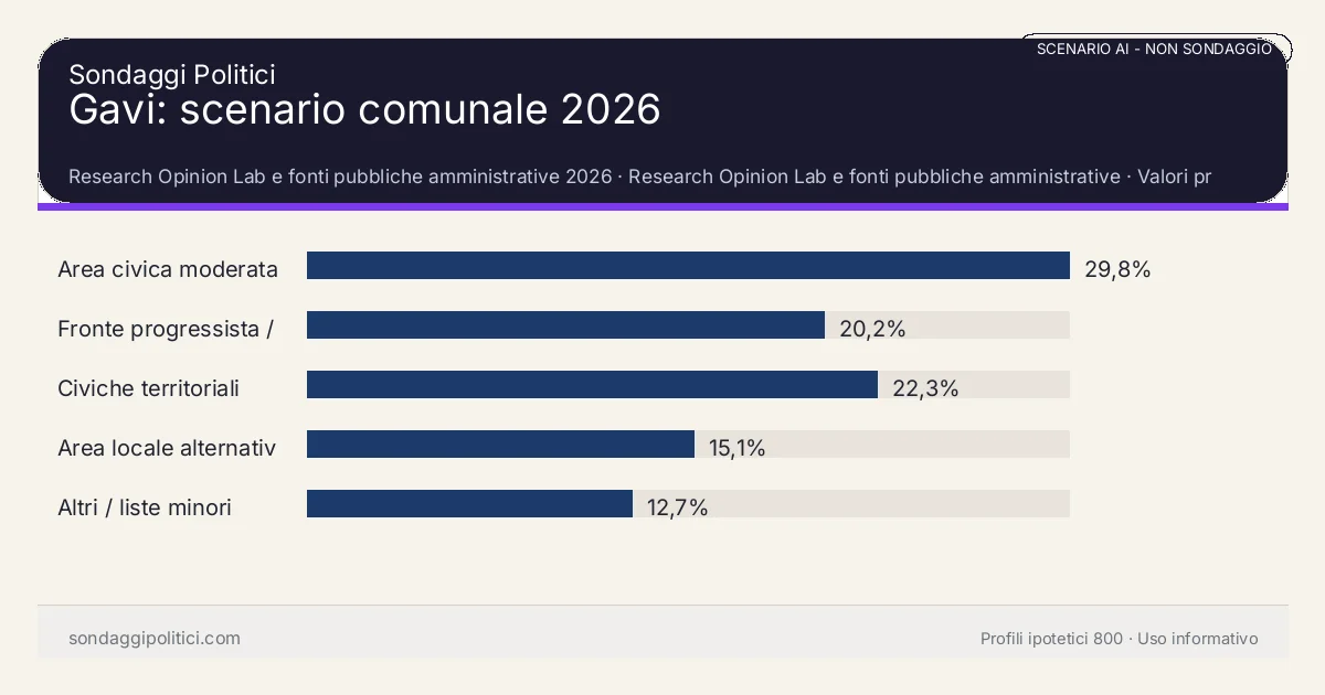 NON È UN SONDAGGIO Research Opinion Lab e fonti pubbliche amministrative 2026 Valori prodotti dal Research Opinion Lab e da leggere come scenario editoriale.: Gavi: scenario comunale 2026. Risultati: Area civica moderata 29,8%, Fronte progressista / civico 20,2%, Civiche territoriali 22,3%. Scenario AI non demoscopico: non è un sondaggio, non misura intenzioni di voto, non deriva da interviste o campioni rappresentativi e non è una previsione elettorale.