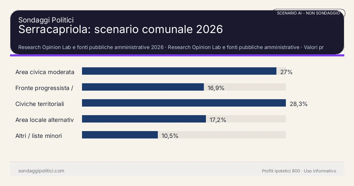 NON È UN SONDAGGIO Research Opinion Lab e fonti pubbliche amministrative 2026 Valori prodotti dal Research Opinion Lab e da leggere come scenario editoriale.: Serracapriola: scenario comunale 2026. Risultati: Area civica moderata 27%, Fronte progressista / civico 16,9%, Civiche territoriali 28,3%. Scenario AI non demoscopico: non è un sondaggio, non misura intenzioni di voto, non deriva da interviste o campioni rappresentativi e non è una previsione elettorale.