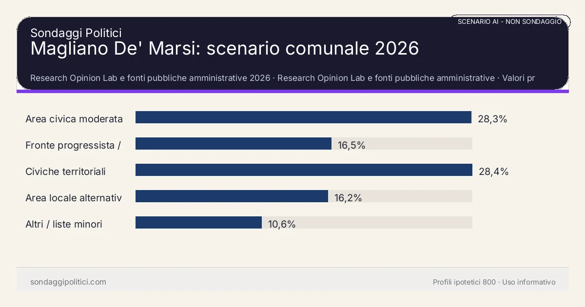 NON È UN SONDAGGIO Research Opinion Lab e fonti pubbliche amministrative 2026 Valori prodotti dal Research Opinion Lab e da leggere come scenario editoriale.: Magliano De' Marsi: scenario comunale 2026. Risultati: Area civica moderata 28,3%, Fronte progressista / civico 16,5%, Civiche territoriali 28,4%. Scenario AI non demoscopico: non è un sondaggio, non misura intenzioni di voto, non deriva da interviste o campioni rappresentativi e non è una previsione elettorale.