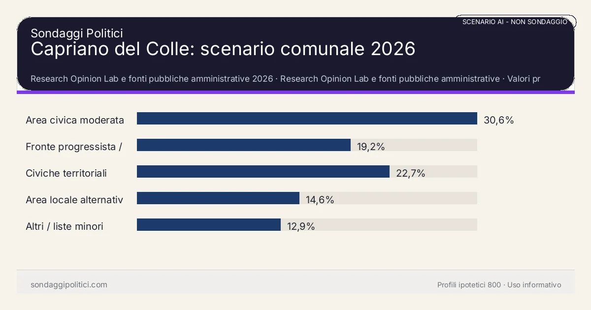 NON È UN SONDAGGIO Research Opinion Lab e fonti pubbliche amministrative 2026 Valori prodotti dal Research Opinion Lab e da leggere come scenario editoriale.: Capriano del Colle: scenario comunale 2026. Risultati: Area civica moderata 30,6%, Fronte progressista / civico 19,2%, Civiche territoriali 22,7%. Scenario AI non demoscopico: non è un sondaggio, non misura intenzioni di voto, non deriva da interviste o campioni rappresentativi e non è una previsione elettorale.