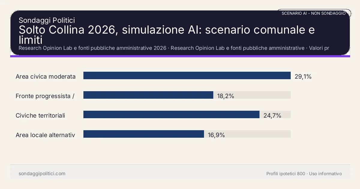 NON È UN SONDAGGIO Research Opinion Lab e fonti pubbliche amministrative 2026 Valori prodotti dal Research Opinion Lab e da leggere come scenario editoriale.: Solto Collina 2026, simulazione AI: scenario comunale e limiti. Risultati: Area civica moderata 29,1%, Fronte progressista / civico 18,2%, Civiche territoriali 24,7%. Scenario AI non demoscopico basato su fonti pubbliche e revisione umana; non è un sondaggio, non misura intenzioni di voto reali e non è una previsione elettorale.
