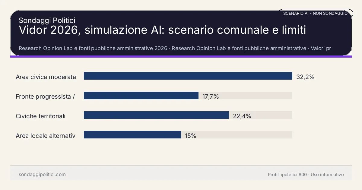 NON È UN SONDAGGIO Research Opinion Lab e fonti pubbliche amministrative 2026 Valori prodotti dal Research Opinion Lab e da leggere come scenario editoriale.: Vidor 2026, simulazione AI: scenario comunale e limiti. Risultati: Area civica moderata 32,2%, Fronte progressista / civico 17,7%, Civiche territoriali 22,4%. Scenario AI non demoscopico basato su fonti pubbliche e revisione umana; non è un sondaggio, non misura intenzioni di voto reali e