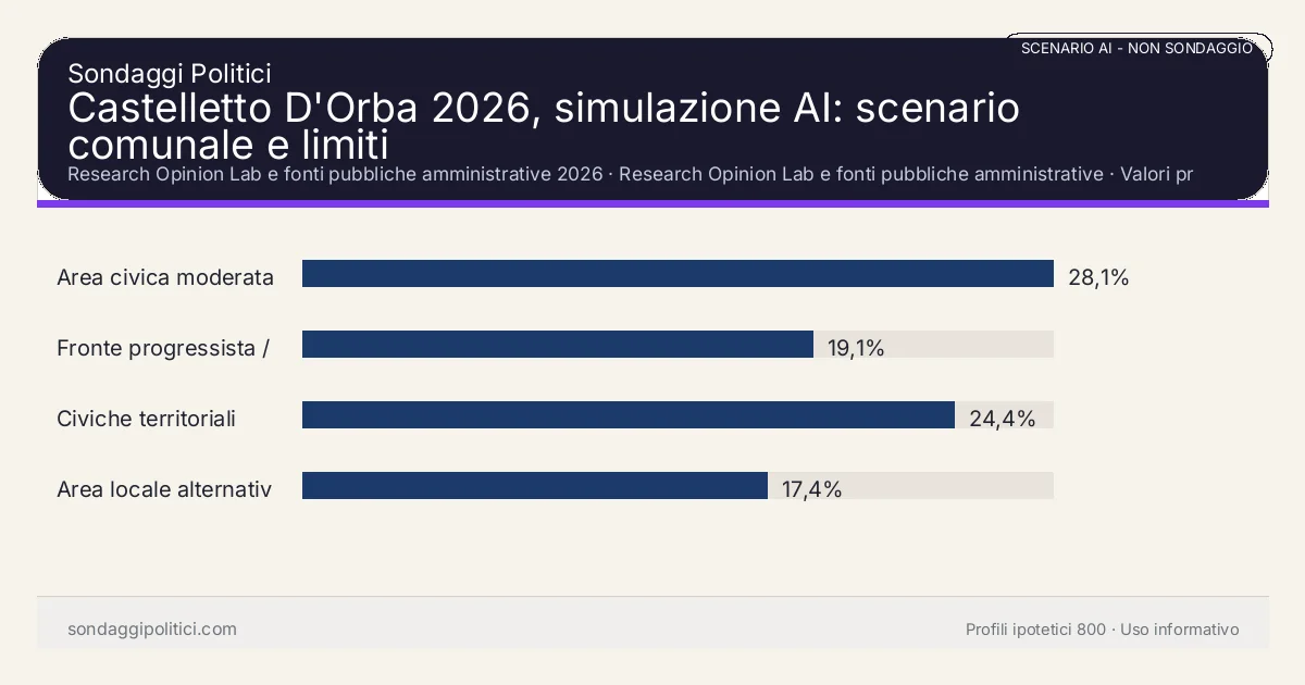 NON È UN SONDAGGIO Research Opinion Lab e fonti pubbliche amministrative 2026 Valori prodotti dal Research Opinion Lab e da leggere come scenario editoriale.: Castelletto D'Orba 2026, simulazione AI: scenario comunale e limiti. Risultati: Area civica moderata 28,1%, Fronte progressista / civico 19,1%, Civiche territoriali 24,4%. Scenario AI non demoscopico basato su fonti pubbliche e revisione umana; non è un sondaggio, non misura intenzioni di voto reali e non è una previsione elettorale.