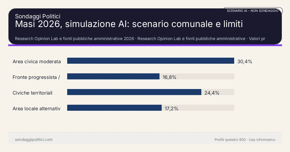 NON È UN SONDAGGIO Research Opinion Lab e fonti pubbliche amministrative 2026 Valori prodotti dal Research Opinion Lab e da leggere come scenario editoriale.: Masi 2026, simulazione AI: scenario comunale e limiti. Risultati: Area civica moderata 30,4%, Fronte progressista / civico 16,8%, Civiche territoriali 24,4%. Scenario AI non demoscopico basato su fonti pubbliche e revisione umana; non è un sondaggio, non misura intenzioni di voto reali e non è una previsione elettorale.