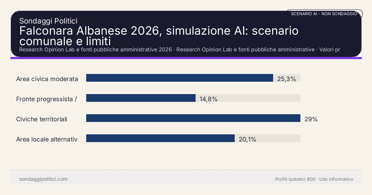 NON È UN SONDAGGIO Research Opinion Lab e fonti pubbliche amministrative 2026 Valori prodotti dal Research Opinion Lab e da leggere come scenario editoriale.: Falconara Albanese 2026, simulazione AI: scenario comunale e limiti. Risultati: Area civica moderata 25,3%, Fronte progressista / civico 14,8%, Civiche territoriali 29%. Scenario AI non demoscopico basato su fonti pubbliche e revisione umana; non è un sondaggio, non misura intenzioni di voto reali e non è una previsione elettorale.