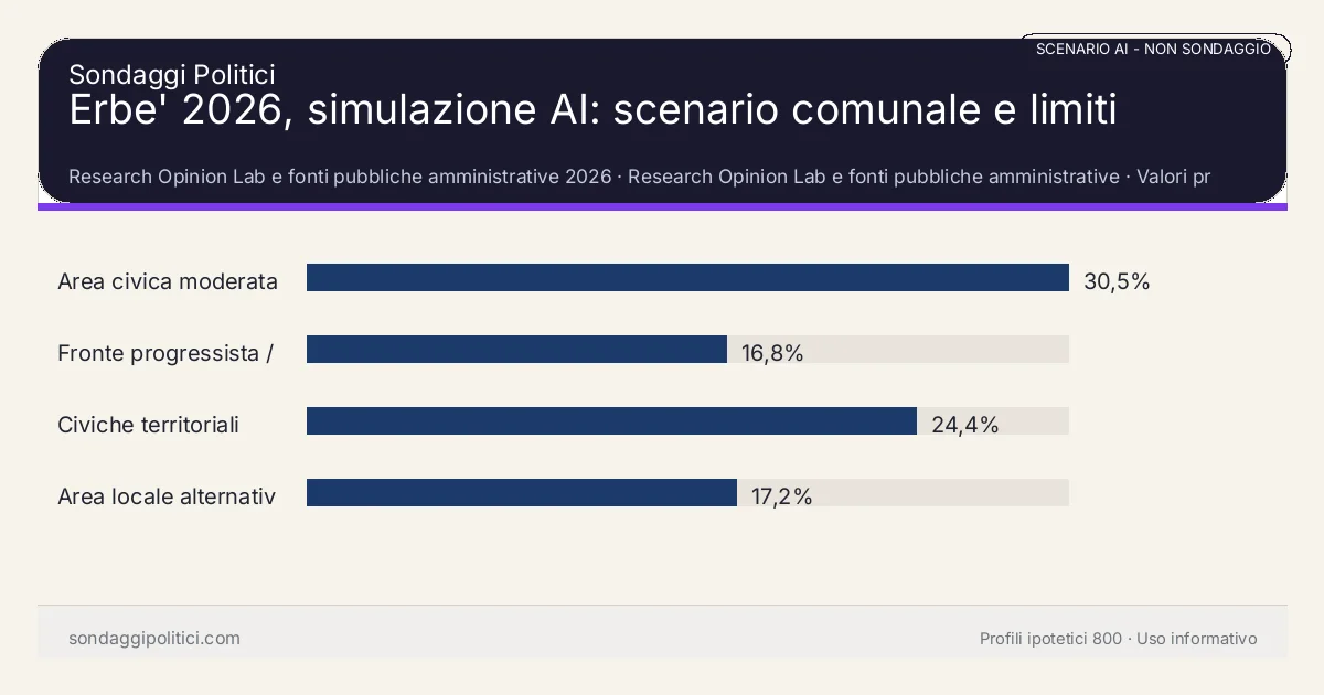 NON È UN SONDAGGIO Research Opinion Lab e fonti pubbliche amministrative 2026 Valori prodotti dal Research Opinion Lab e da leggere come scenario editoriale.: Erbe' 2026, simulazione AI: scenario comunale e limiti. Risultati: Area civica moderata 30,5%, Fronte progressista / civico 16,8%, Civiche territoriali 24,4%. Scenario AI non demoscopico basato su fonti pubbliche e revisione umana; non è un sondaggio, non misura intenzioni di voto reali e non è una previsione elettorale.