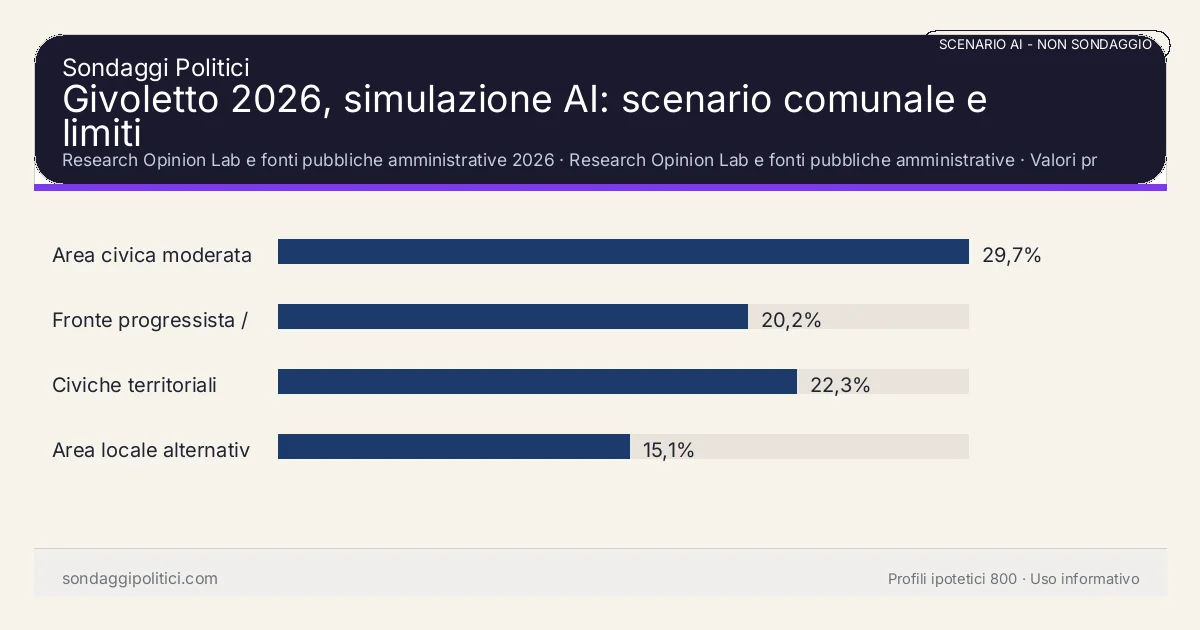 NON È UN SONDAGGIO Research Opinion Lab e fonti pubbliche amministrative 2026 Valori prodotti dal Research Opinion Lab e da leggere come scenario editoriale.: Givoletto 2026, simulazione AI: scenario comunale e limiti. Risultati: Area civica moderata 29,7%, Fronte progressista / civico 20,2%, Civiche territoriali 22,3%. Scenario AI non demoscopico basato su fonti pubbliche e revisione umana; non è un sondaggio, non misura intenzioni di voto reali e non è una previsione elettorale.
