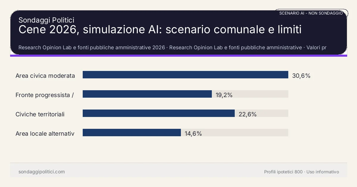 NON È UN SONDAGGIO Research Opinion Lab e fonti pubbliche amministrative 2026 Valori prodotti dal Research Opinion Lab e da leggere come scenario editoriale.: Cene 2026, simulazione AI: scenario comunale e limiti. Risultati: Area civica moderata 30,6%, Fronte progressista / civico 19,2%, Civiche territoriali 22,6%. Scenario AI non demoscopico basato su fonti pubbliche e revisione umana; non è un sondaggio, non misura intenzioni di voto reali e non è una previsione elettorale.