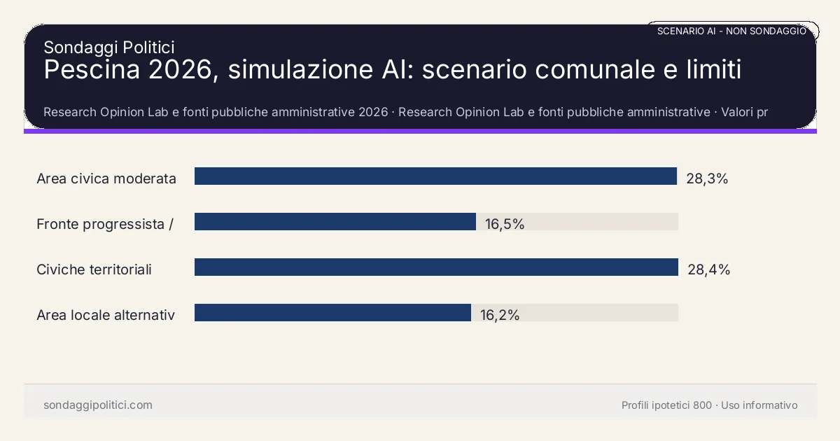 NON È UN SONDAGGIO Research Opinion Lab e fonti pubbliche amministrative 2026 Valori prodotti dal Research Opinion Lab e da leggere come scenario editoriale.: Pescina 2026, simulazione AI: scenario comunale e limiti. Risultati: Area civica moderata 28,3%, Fronte progressista / civico 16,5%, Civiche territoriali 28,4%. Scenario AI non demoscopico basato su fonti pubbliche e revisione umana; non è un sondaggio, non misura intenzioni di voto reali e non è una previsione elettorale.