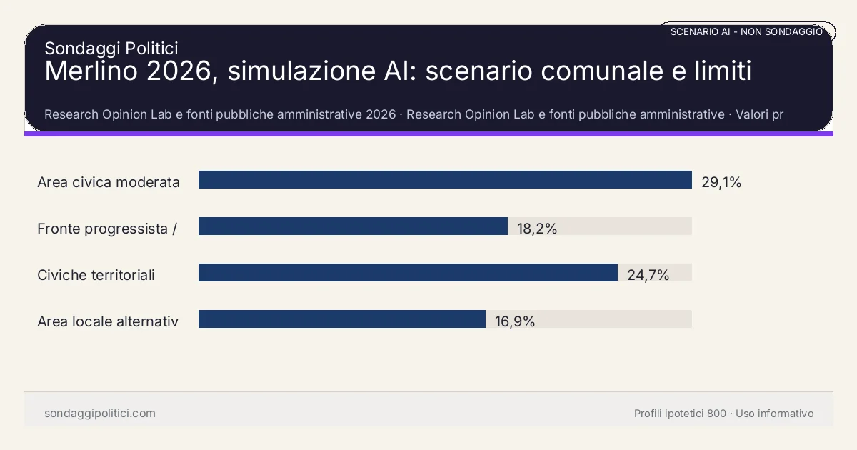 NON È UN SONDAGGIO Research Opinion Lab e fonti pubbliche amministrative 2026 Valori prodotti dal Research Opinion Lab e da leggere come scenario editoriale.: Merlino 2026, simulazione AI: scenario comunale e limiti. Risultati: Area civica moderata 29,1%, Fronte progressista / civico 18,2%, Civiche territoriali 24,7%. Scenario AI non demoscopico basato su fonti pubbliche e revisione umana; non è un sondaggio, non misura intenzioni di voto reali e non è una previsione elettorale.