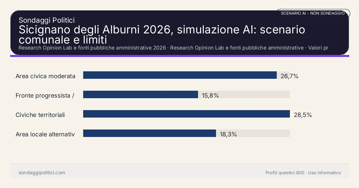 NON È UN SONDAGGIO Research Opinion Lab e fonti pubbliche amministrative 2026 Valori prodotti dal Research Opinion Lab e da leggere come scenario editoriale.: Sicignano degli Alburni 2026, simulazione AI: scenario comunale e limiti. Risultati: Area civica moderata 26,7%, Fronte progressista / civico 15,8%, Civiche territoriali 28,5%. Scenario AI non demoscopico basato su fonti pubbliche e revisione umana; non è un sondaggio, non misura intenzioni di voto reali e non è una previsione elettorale.