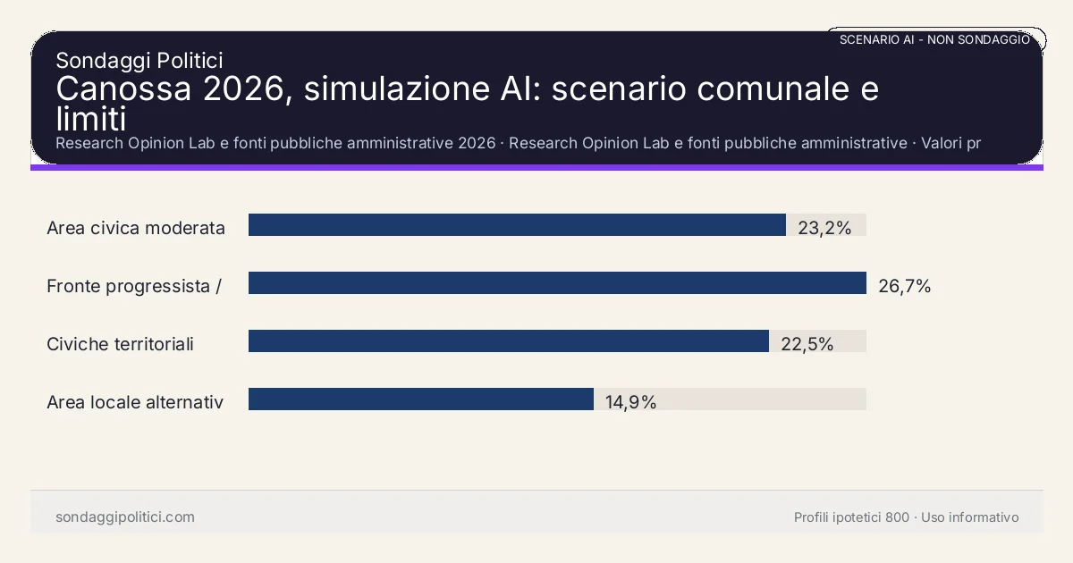 NON È UN SONDAGGIO Research Opinion Lab e fonti pubbliche amministrative 2026 Valori prodotti dal Research Opinion Lab e da leggere come scenario editoriale.: Canossa 2026, simulazione AI: scenario comunale e limiti. Risultati: Area civica moderata 23,2%, Fronte progressista / civico 26,7%, Civiche territoriali 22,5%. Scenario AI non demoscopico basato su fonti pubbliche e revisione umana; non è un sondaggio, non misura intenzioni di voto reali e non è una previsione elettorale.