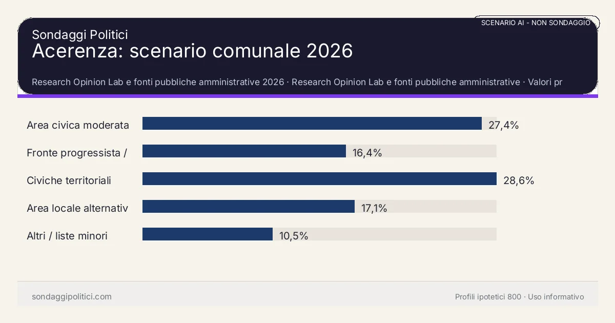 NON È UN SONDAGGIO Research Opinion Lab e fonti pubbliche amministrative 2026 Valori prodotti dal Research Opinion Lab e da leggere come scenario editoriale.: Acerenza: scenario comunale 2026. Risultati: Area civica moderata 27,4%, Fronte progressista / civico 16,4%, Civiche territoriali 28,6%. Scenario AI non demoscopico: non è un sondaggio, non misura intenzioni di voto, non deriva da interviste o campioni rappresentativi e non è una previsione elettorale.