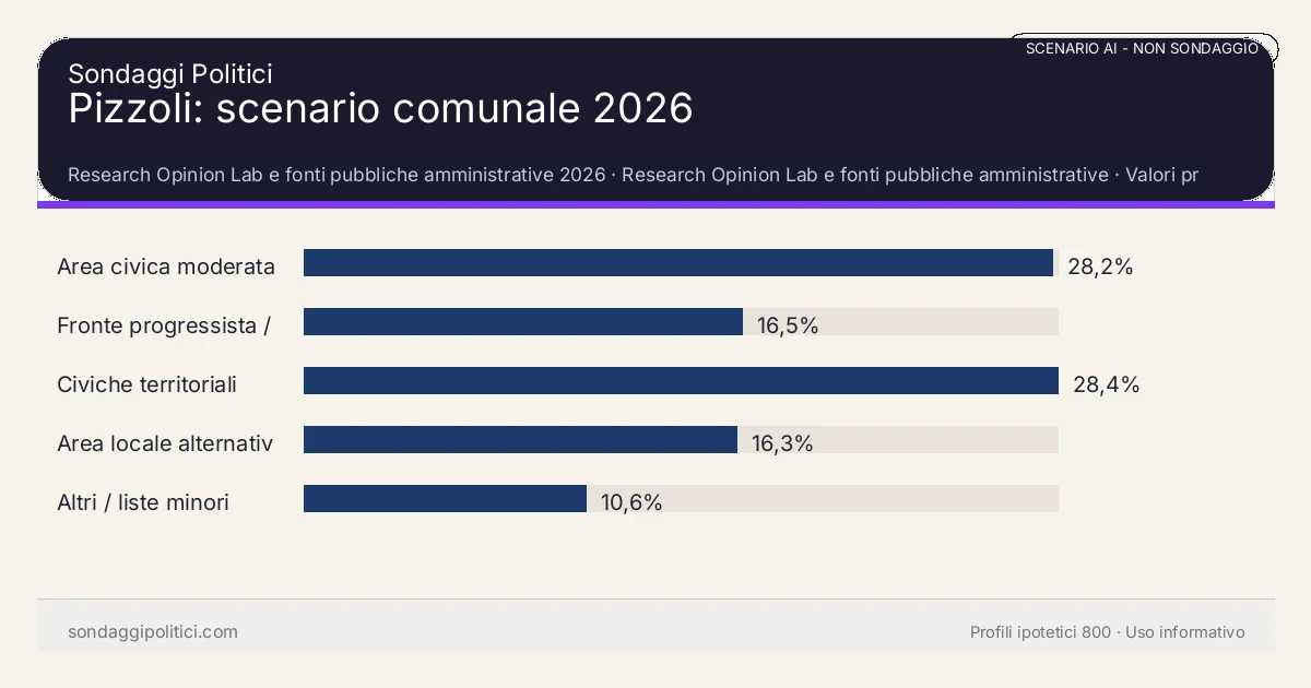 NON È UN SONDAGGIO Research Opinion Lab e fonti pubbliche amministrative 2026 Valori prodotti dal Research Opinion Lab e da leggere come scenario editoriale.: Pizzoli: scenario comunale 2026. Risultati: Area civica moderata 28,2%, Fronte progressista / civico 16,5%, Civiche territoriali 28,4%. Scenario AI non demoscopico: non è un sondaggio, non misura intenzioni di voto, non deriva da interviste o campioni rappresentativi e non è una previsione elettorale.