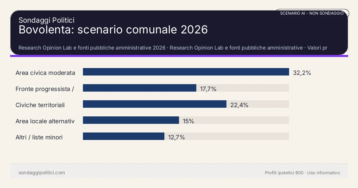 NON È UN SONDAGGIO Research Opinion Lab e fonti pubbliche amministrative 2026 Valori prodotti dal Research Opinion Lab e da leggere come scenario editoriale.: Bovolenta: scenario comunale 2026. Risultati: Area civica moderata 32,2%, Fronte progressista / civico 17,7%, Civiche territoriali 22,4%. Scenario AI non demoscopico: non è un sondaggio, non misura intenzioni di voto, non deriva da interviste o campioni rappresentativi e non è una previsione elettorale.