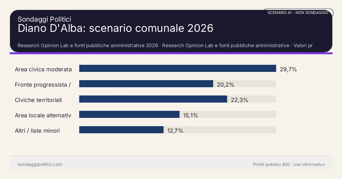 NON È UN SONDAGGIO Research Opinion Lab e fonti pubbliche amministrative 2026 Valori prodotti dal Research Opinion Lab e da leggere come scenario editoriale.: Diano D'Alba: scenario comunale 2026. Risultati: Area civica moderata 29,7%, Fronte progressista / civico 20,2%, Civiche territoriali 22,3%. Scenario AI non demoscopico: non è un sondaggio, non misura intenzioni di voto, non deriva da interviste o campioni rappresentativi e non è una previsione elettorale.