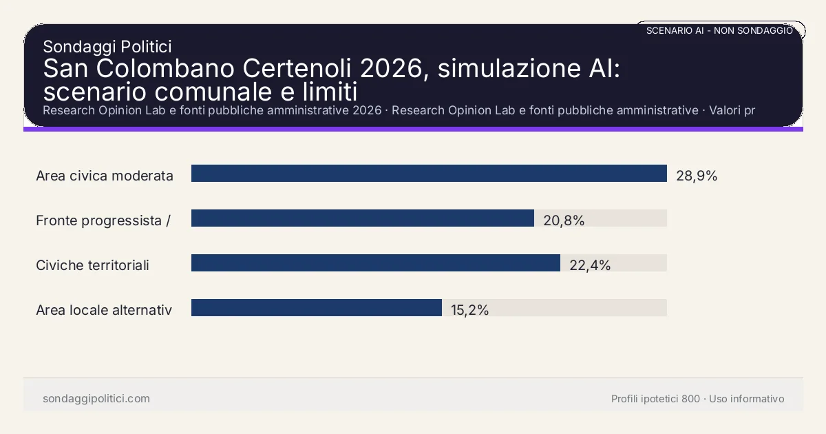 NON È UN SONDAGGIO Research Opinion Lab e fonti pubbliche amministrative 2026 Valori prodotti dal Research Opinion Lab e da leggere come scenario editoriale.: San Colombano Certenoli 2026, simulazione AI: scenario comunale e limiti. Risultati: Area civica moderata 28,9%, Fronte progressista / civico 20,8%, Civiche territoriali 22,4%. Scenario AI non demoscopico basato su fonti pubbliche e revisione umana; non è un sondaggio, non misura intenzioni di voto reali e non è una previsione elettorale.