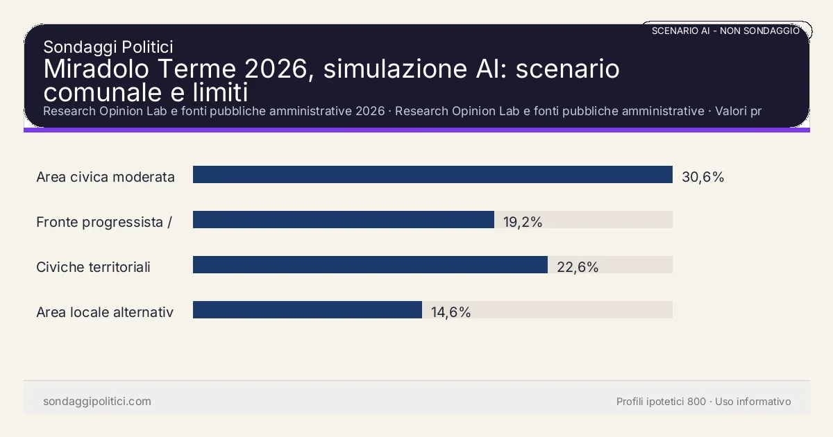 NON È UN SONDAGGIO Research Opinion Lab e fonti pubbliche amministrative 2026 Valori prodotti dal Research Opinion Lab e da leggere come scenario editoriale.: Miradolo Terme 2026, simulazione AI: scenario comunale e limiti. Risultati: Area civica moderata 30,6%, Fronte progressista / civico 19,2%, Civiche territoriali 22,6%. Scenario AI non demoscopico basato su fonti pubbliche e revisione umana; non è un sondaggio, non misura intenzioni di voto reali e non è una previsione elettorale.