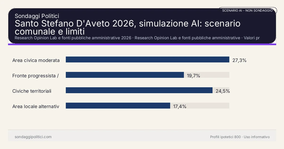 NON È UN SONDAGGIO Research Opinion Lab e fonti pubbliche amministrative 2026 Valori prodotti dal Research Opinion Lab e da leggere come scenario editoriale.: Santo Stefano D'Aveto 2026, simulazione AI: scenario comunale e limiti. Risultati: Area civica moderata 27,3%, Fronte progressista / civico 19,7%, Civiche territoriali 24,5%. Scenario AI non demoscopico basato su fonti pubbliche e revisione umana; non è un sondaggio, non misura intenzioni di voto reali e non è una previsione elettorale.