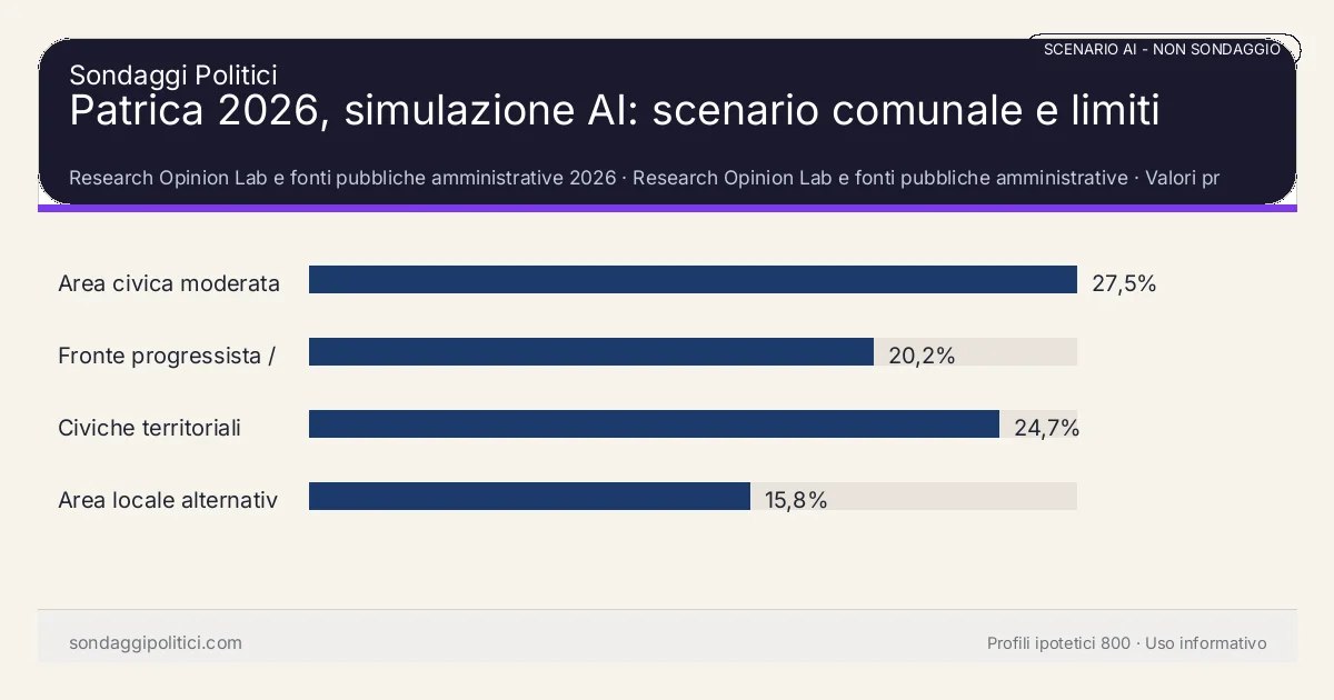 NON È UN SONDAGGIO Research Opinion Lab e fonti pubbliche amministrative 2026 Valori prodotti dal Research Opinion Lab e da leggere come scenario editoriale.: Patrica 2026, simulazione AI: scenario comunale e limiti. Risultati: Area civica moderata 27,5%, Fronte progressista / civico 20,2%, Civiche territoriali 24,7%. Scenario AI non demoscopico basato su fonti pubbliche e revisione umana; non è un sondaggio, non misura intenzioni di voto reali e non è una previsione elettorale.